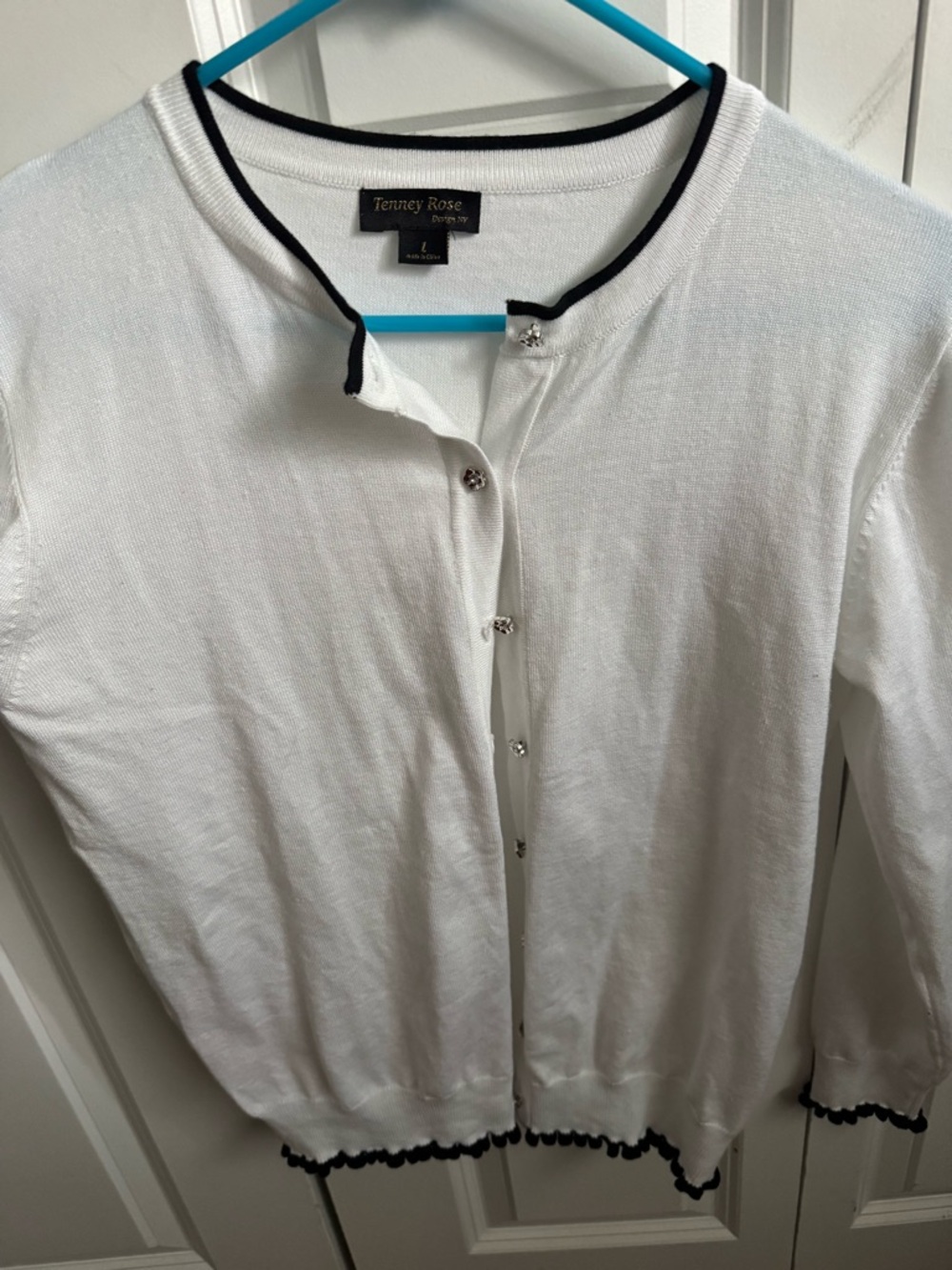 Tenney Rose White Cardigan with Black Trim